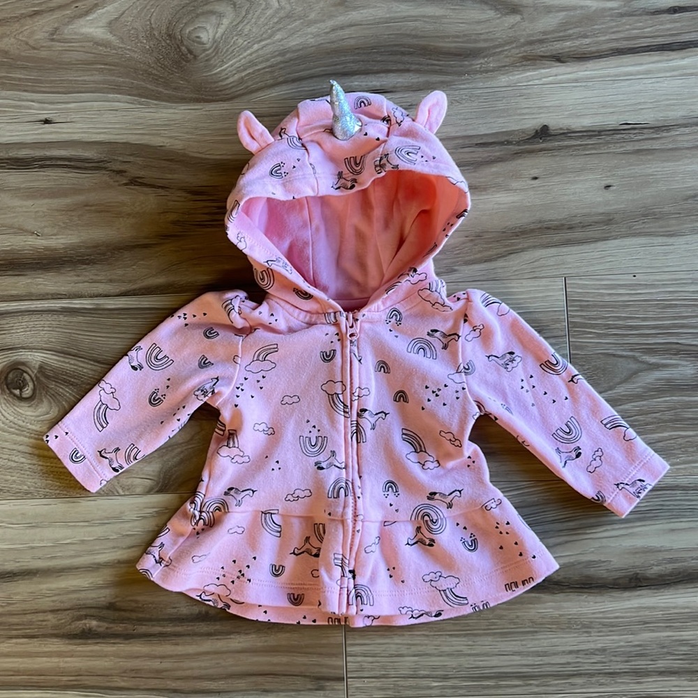 CARTERS Just One You 3M Pink Unicorn Full Zip Hoodie Ruffle Rainbows Ears Cute!